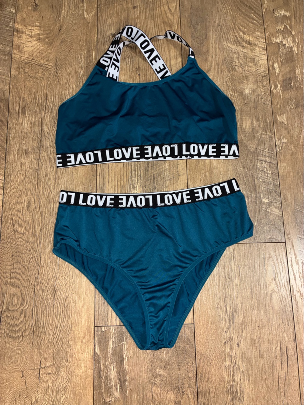 Teal 'LOVE' Elastic Waist Bikini Set - Women's Intimates